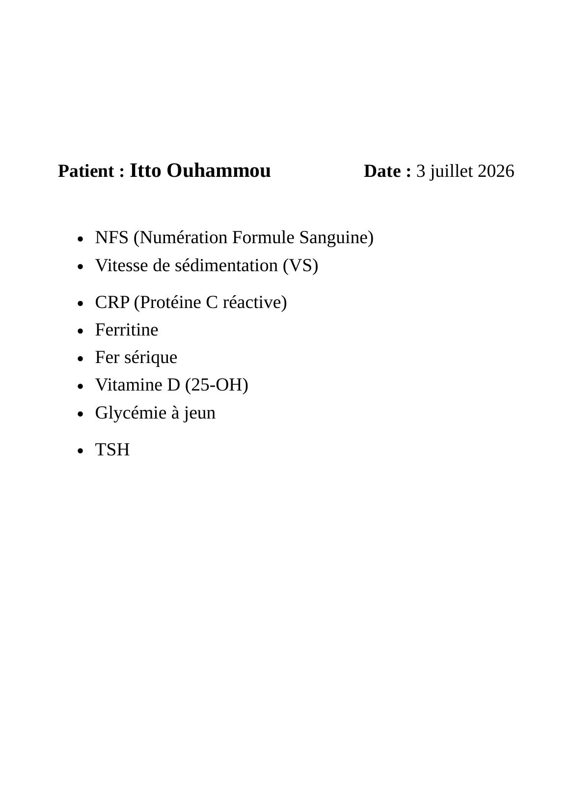 Demande d'analyses DrBook imprimée en A5 : nom du patient, date et examens regroupés par famille