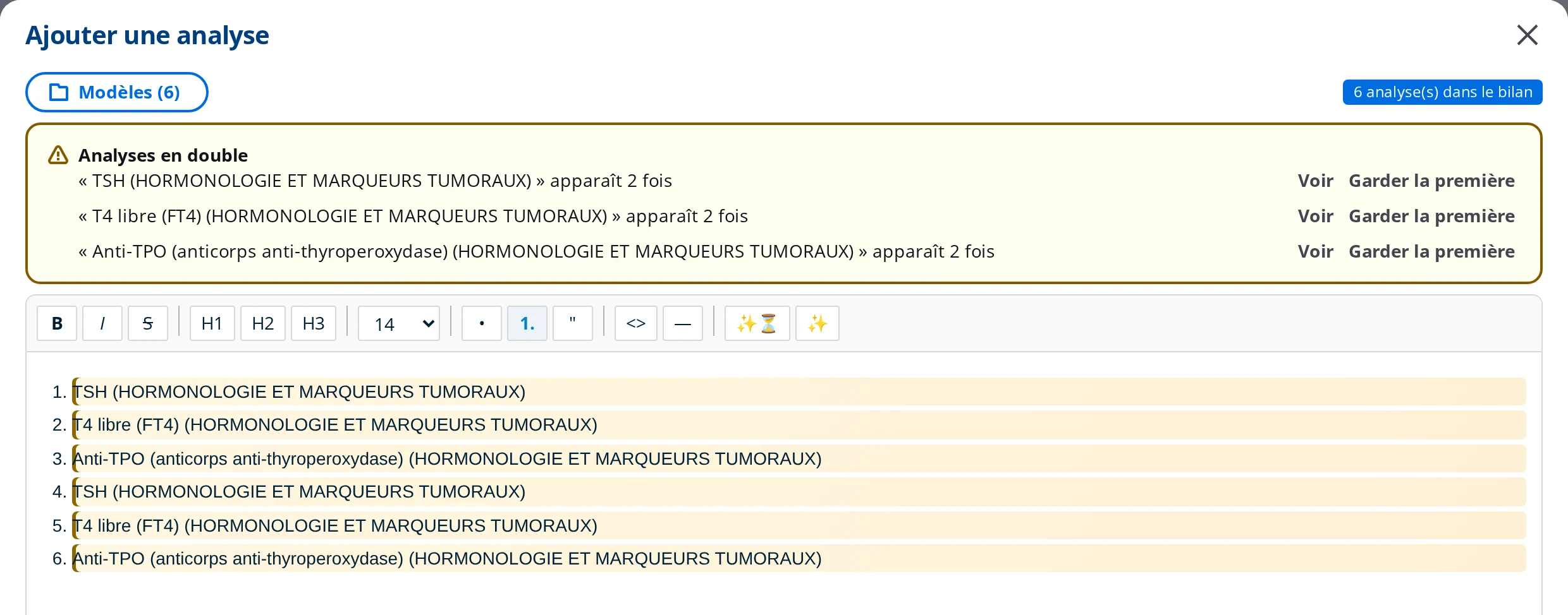 Avertissement d'analyses en double dans un bilan DrBook, avec les actions Voir et Garder la première