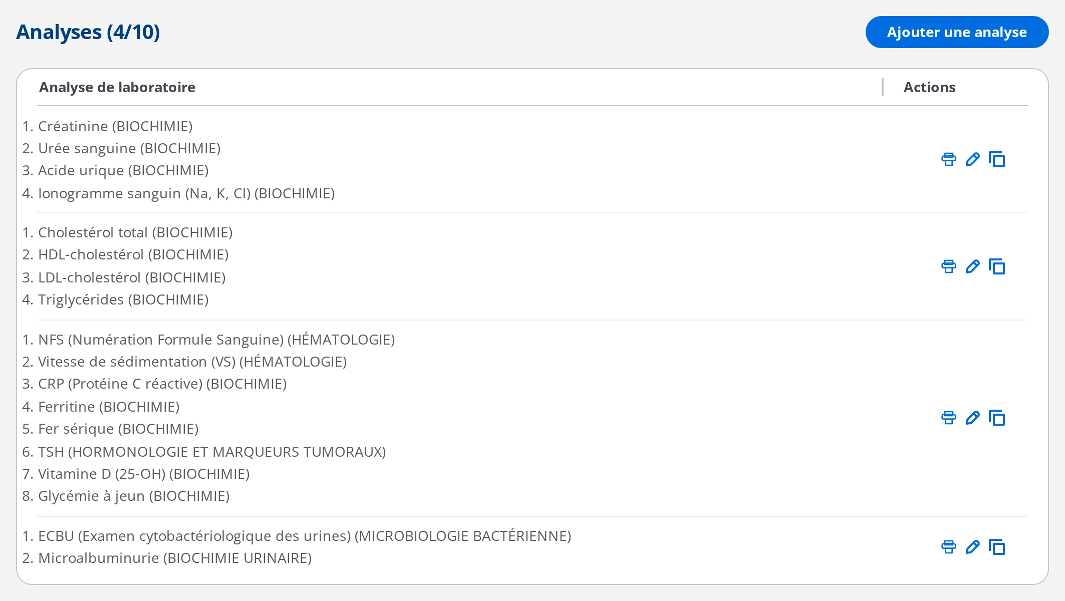 Section Analyses d'une visite DrBook : quatre demandes de bilans avec leurs examens numérotés
