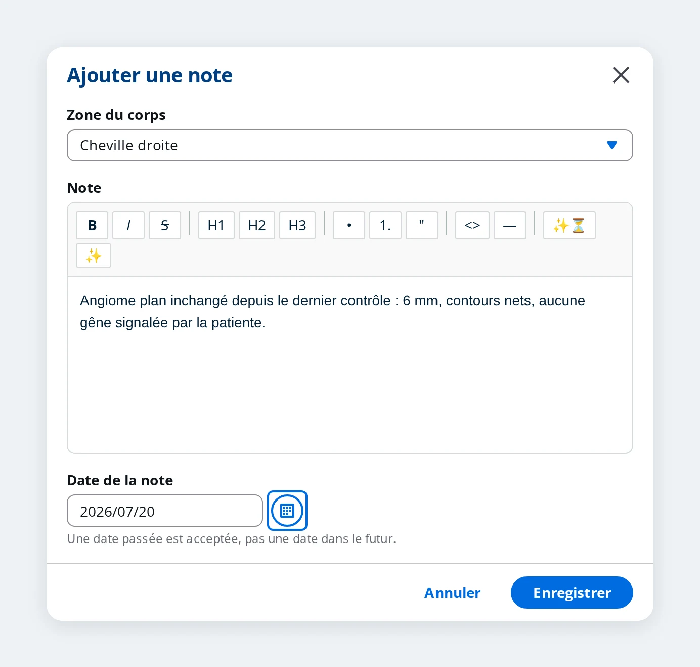 Fenêtre d'ajout d'une note sur une zone du corps dans DrBook