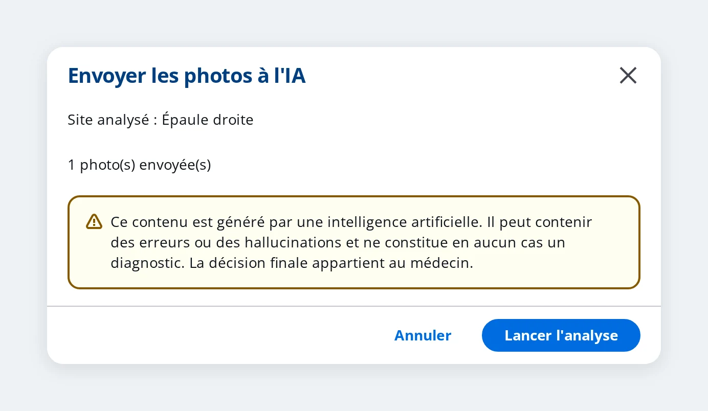 Fenêtre d'envoi des photos à l'IA dans DrBook, avec l'avertissement officiel