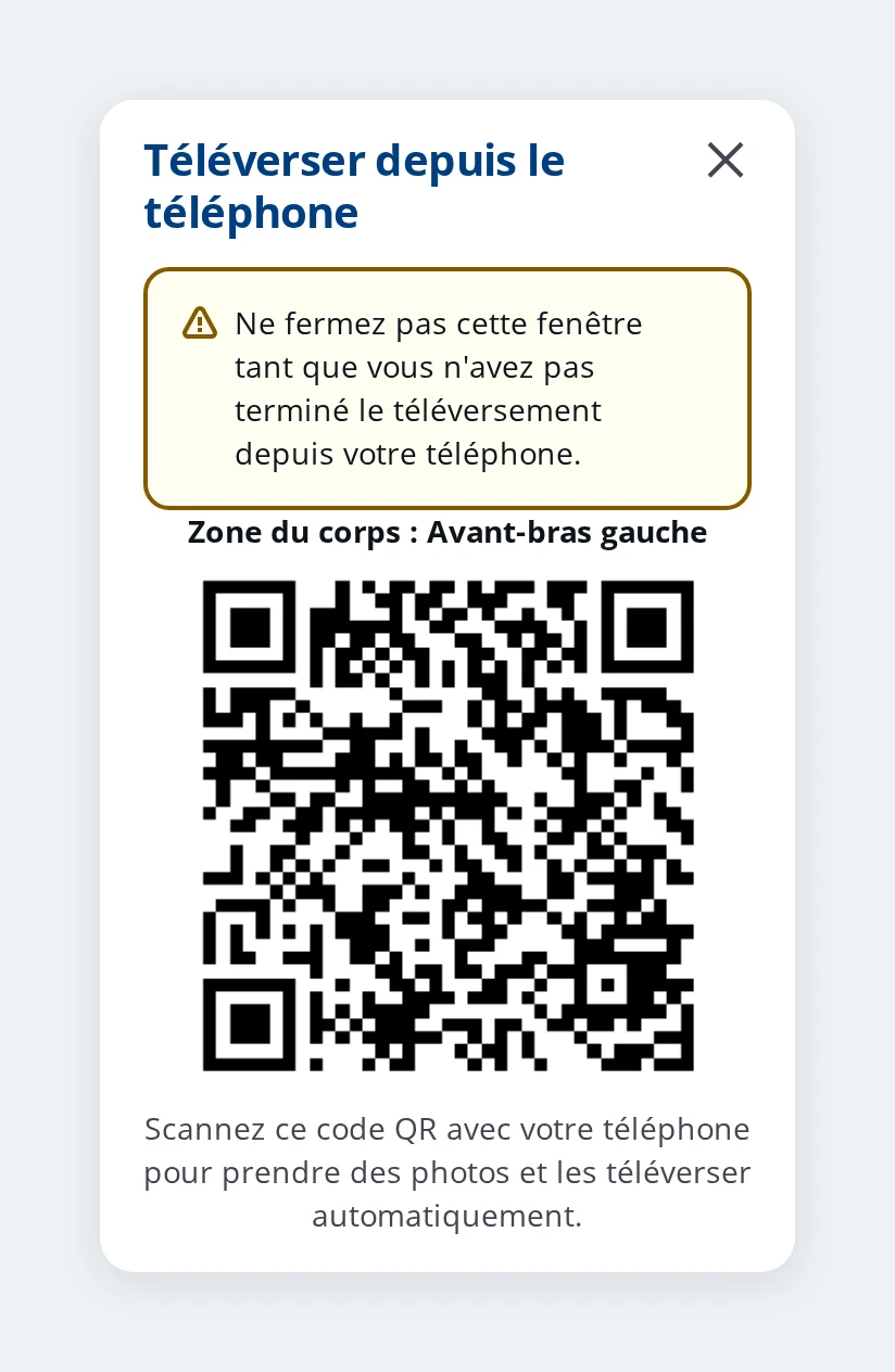 QR code d'envoi de photos depuis un téléphone vers une zone du corps dans DrBook
