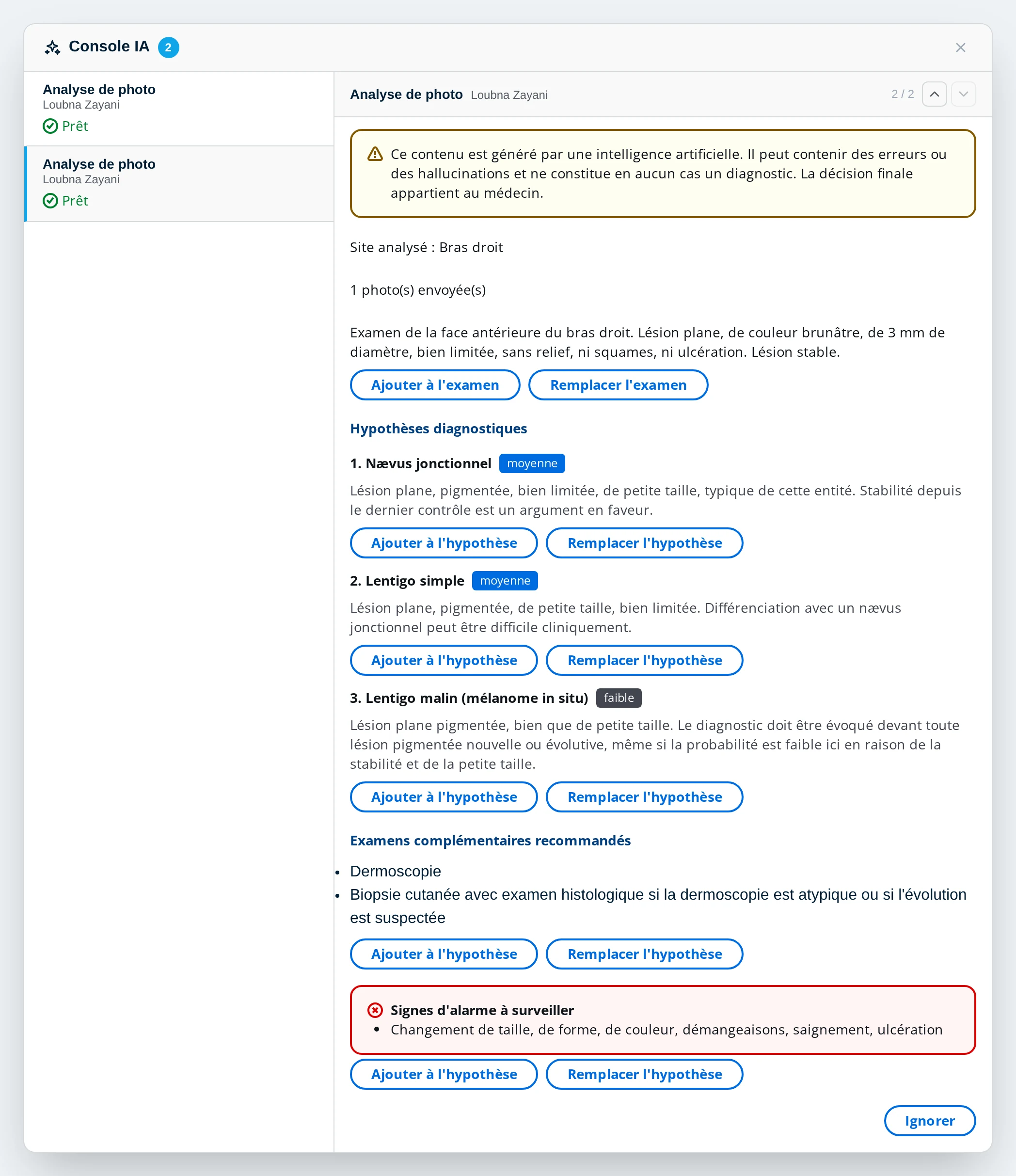 Résultat d'une lecture de photo par l'IA dans la console IA de DrBook