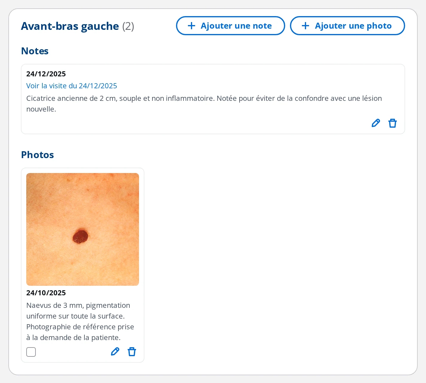 Détail d'une zone du corps dans DrBook : notes et photos de l'avant-bras gauche