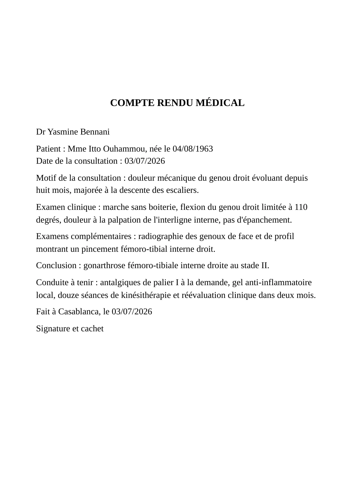 Compte rendu médical DrBook imprimé en A5, titre centré en majuscules et texte au milieu de la page