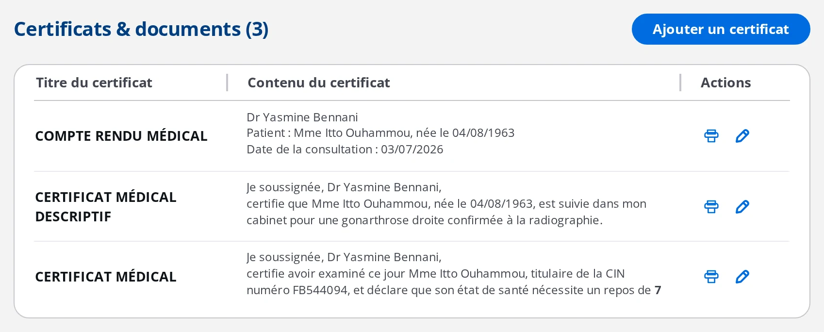 Section Certificats & documents d'une visite DrBook : trois documents avec leur aperçu et leurs actions