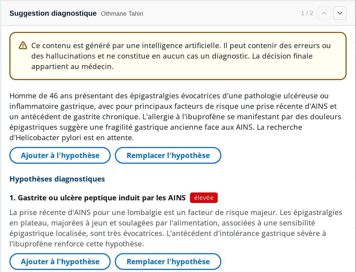 Suggestion diagnostique affichée dans la console IA de DrBook avec ses boutons de reprise au dossier