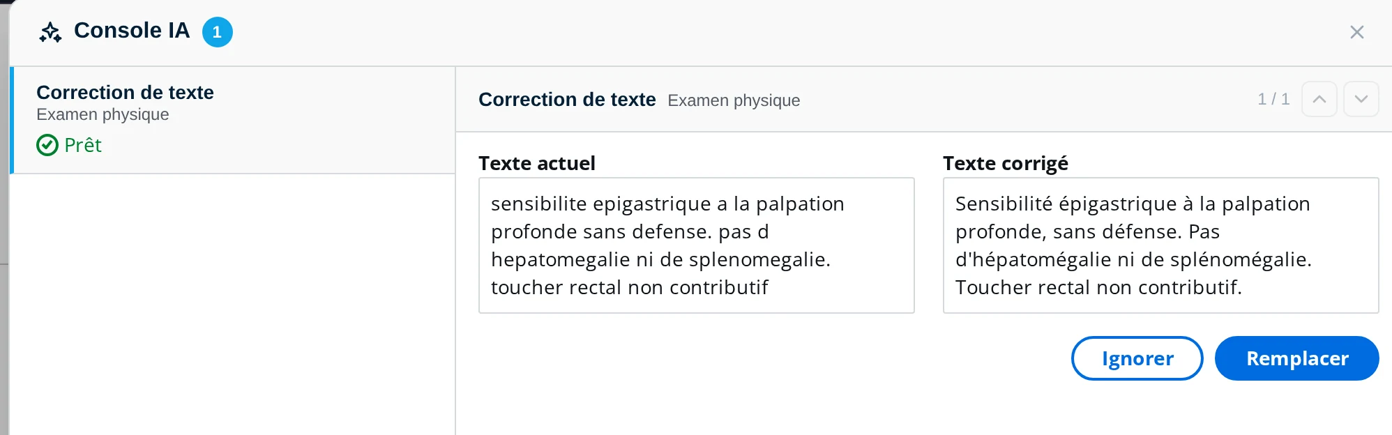 Résultat d'une correction de texte dans la console IA de DrBook, avec le texte actuel et le texte corrigé côte à côte