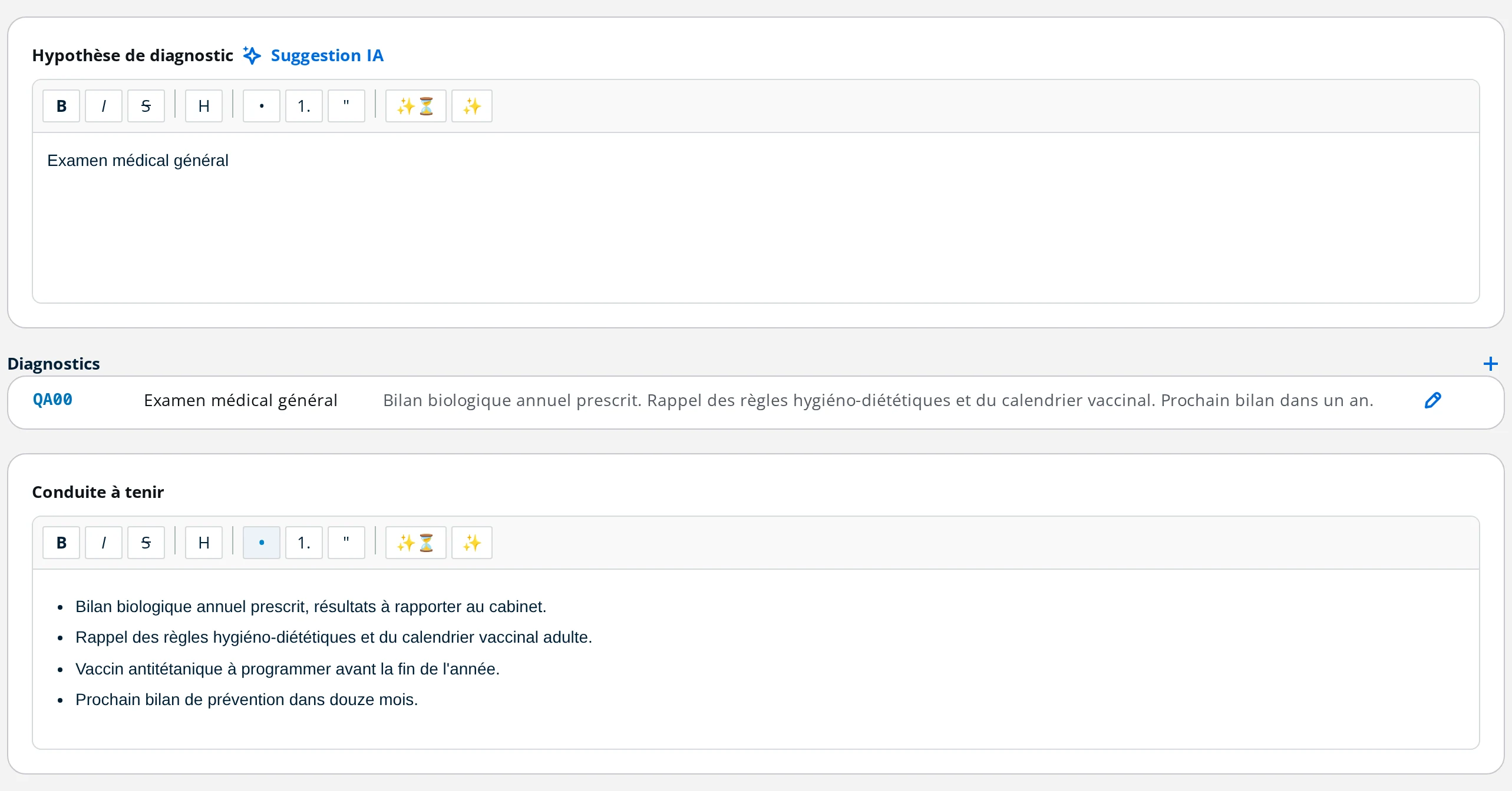 Hypothèse de diagnostic avec suggestion IA, diagnostic codé CIM-11 et conduite à tenir dans DrBook