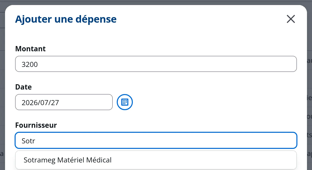 Recherche d'un fournisseur dans DrBook : quatre lettres suffisent à retrouver un fournisseur déjà enregistré