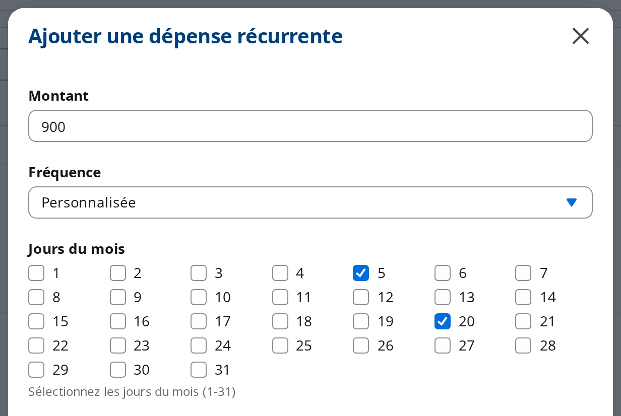 Choix d'une fréquence personnalisée dans DrBook : sélection des jours du mois où la dépense doit être générée
