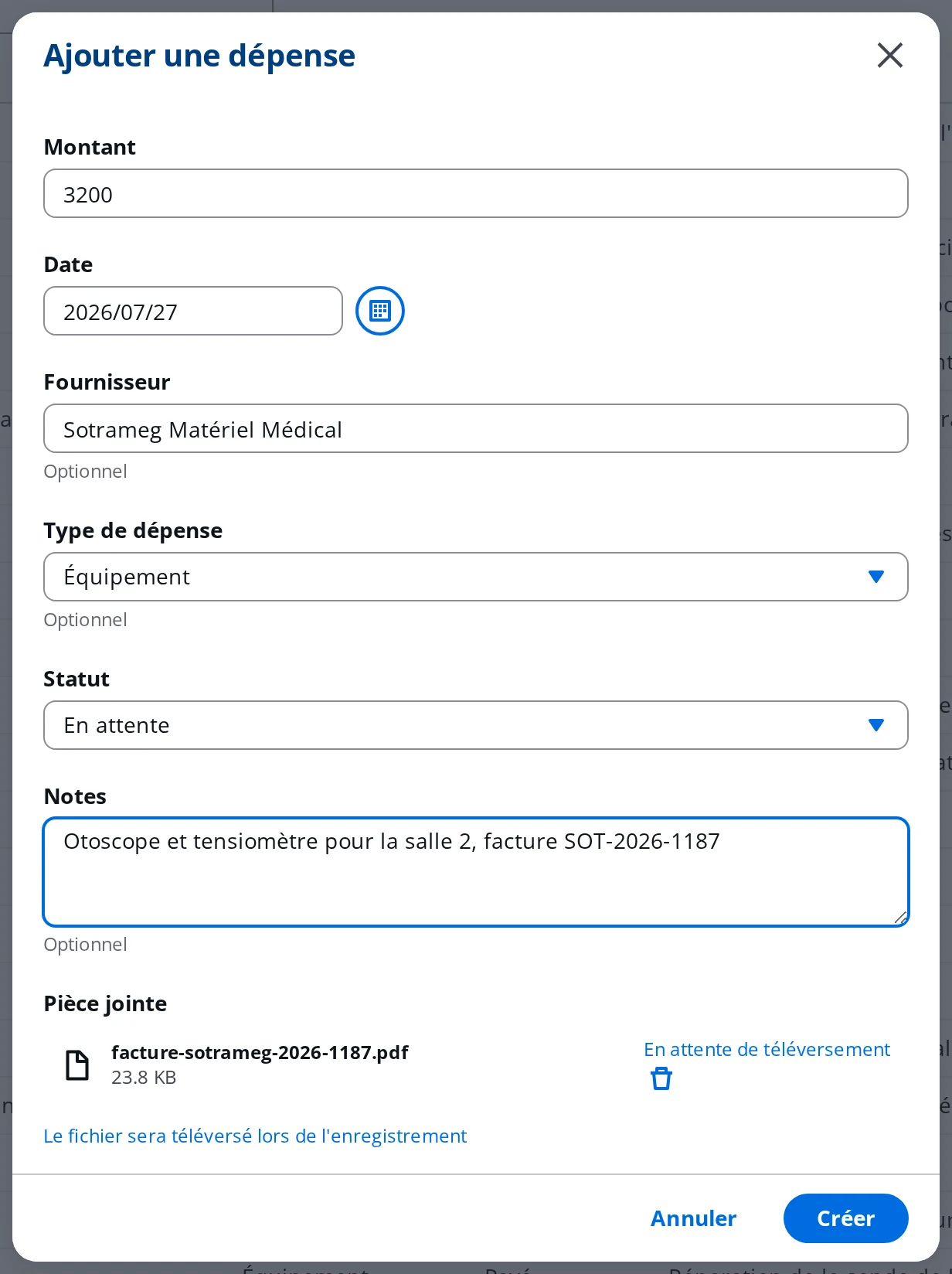Formulaire de saisie d'une dépense dans DrBook, avec le montant, la date, le fournisseur, le type, le statut, les notes et la facture jointe