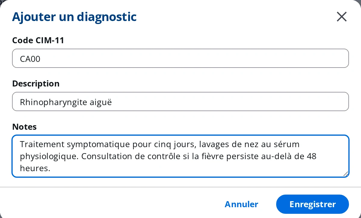 Formulaire de diagnostic DrBook complété : code CA00, description Rhinopharyngite aiguë et note de conduite