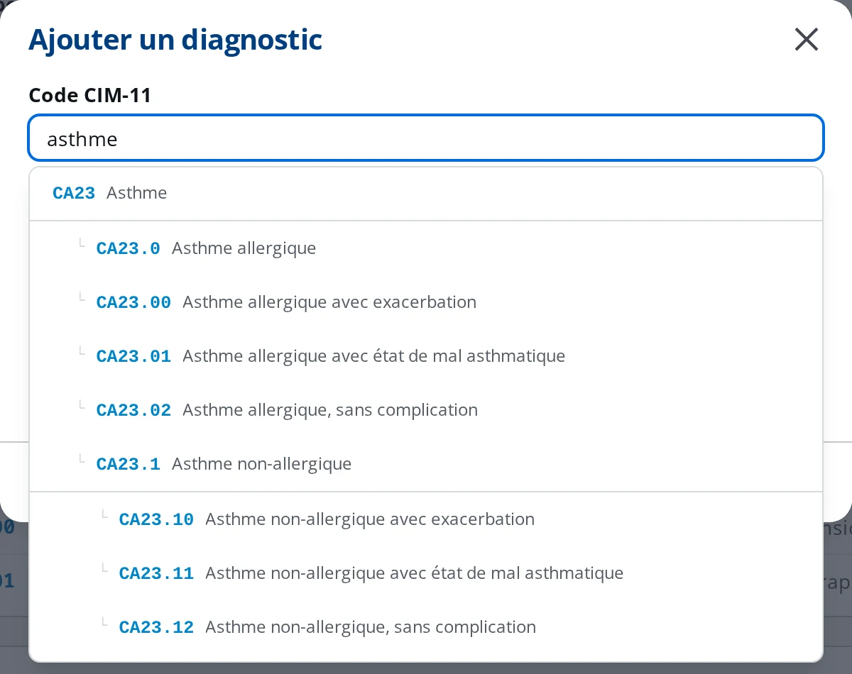 Résultats CIM-11 hiérarchisés dans DrBook : la catégorie Asthme puis ses formes cliniques indentées