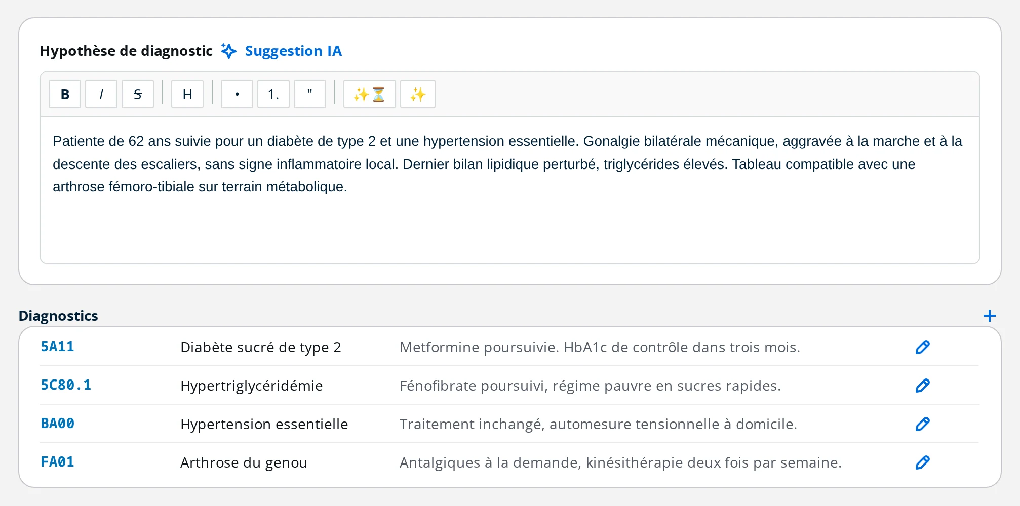 Dossier de visite DrBook : hypothèse de diagnostic en texte libre puis quatre diagnostics codés en CIM-11