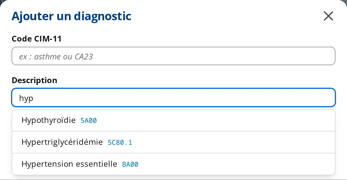 Suggestions de description dans DrBook : les libellés déjà utilisés au cabinet avec leur code CIM-11