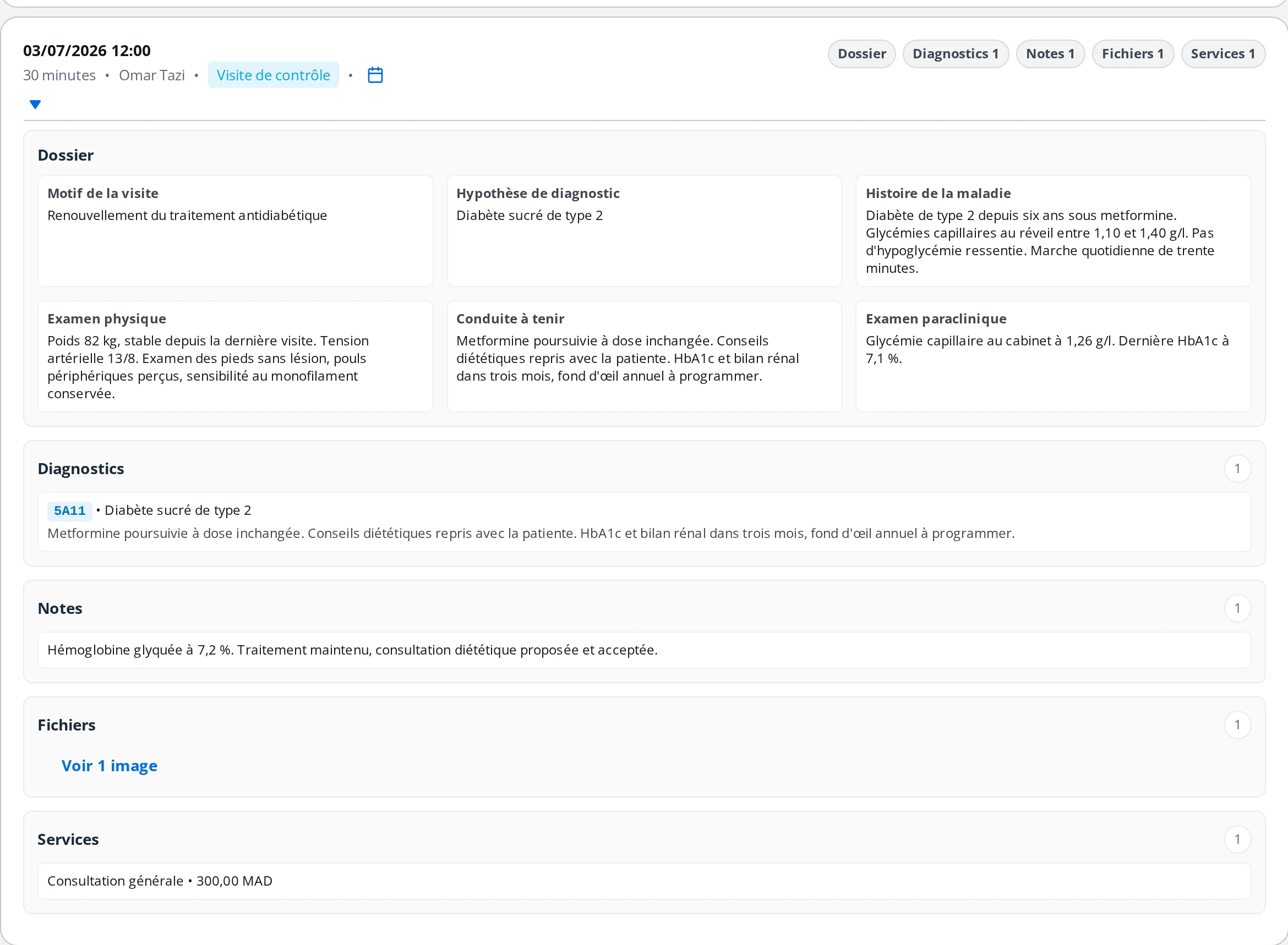 Contenu détaillé d'une consultation passée sur DrBook : motif, diagnostic, examen, conduite à tenir, notes et actes