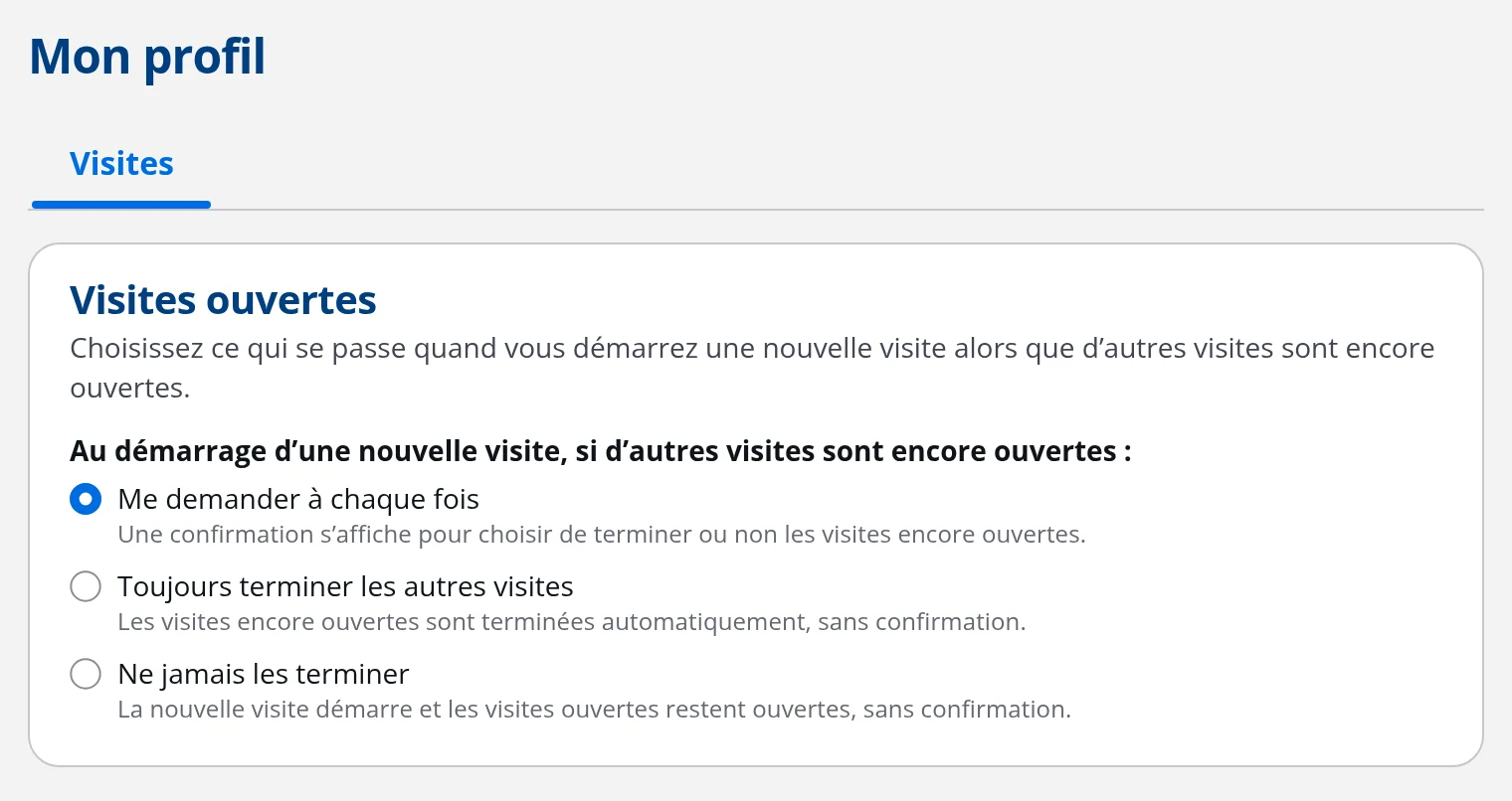 Page Mon profil dans DrBook avec les préférences personnelles d'affichage des visites ouvertes
