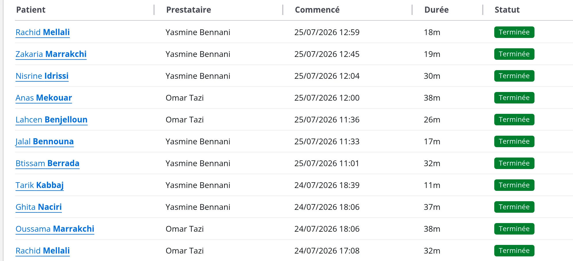 Liste des visites dans DrBook avec la colonne Prestataire, filtrable par praticien
