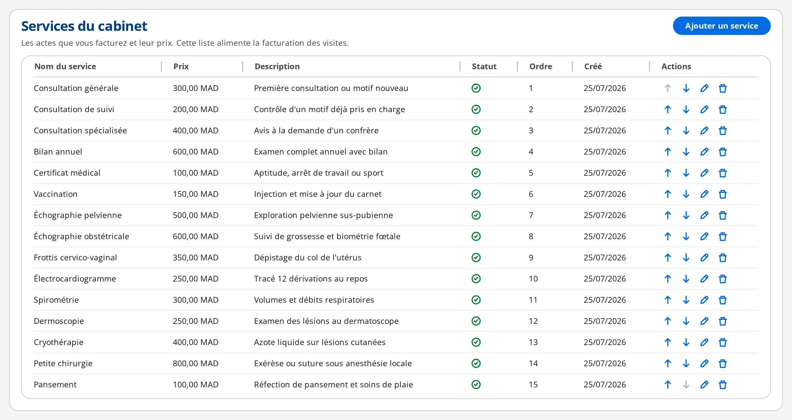 Catalogue des actes du cabinet dans les réglages DrBook, avec les prix, les descriptions et l'ordre d'affichage
