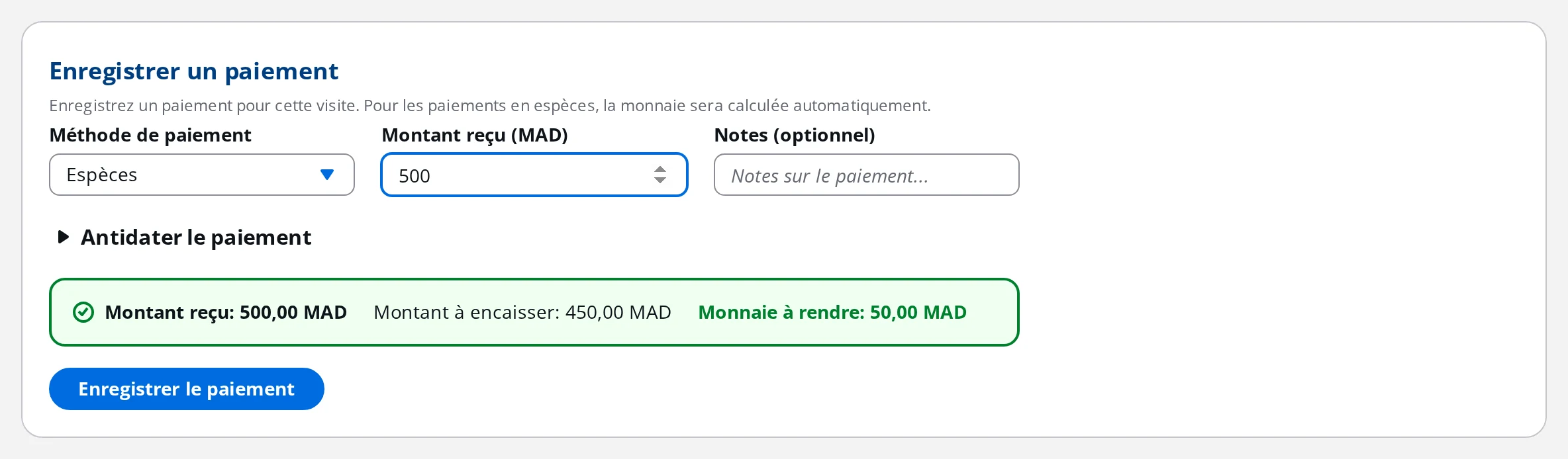 Encaissement d'un paiement en espèces dans DrBook, avec le calcul automatique de la monnaie à rendre
