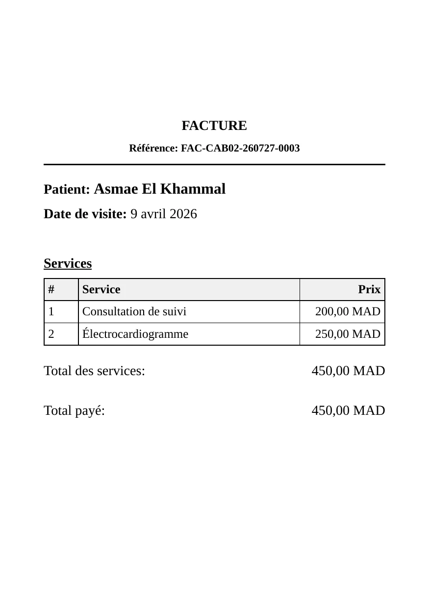 Facture imprimée DrBook au format A4, avec la référence, le patient, la liste des actes et les totaux