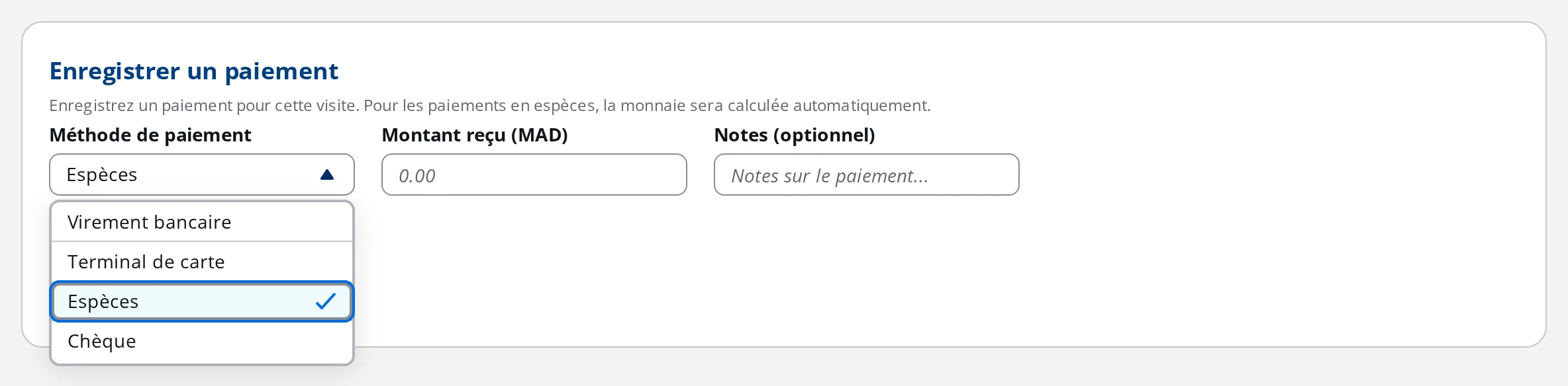 Choix du moyen de paiement dans DrBook : espèces, chèque, virement bancaire, terminal de carte