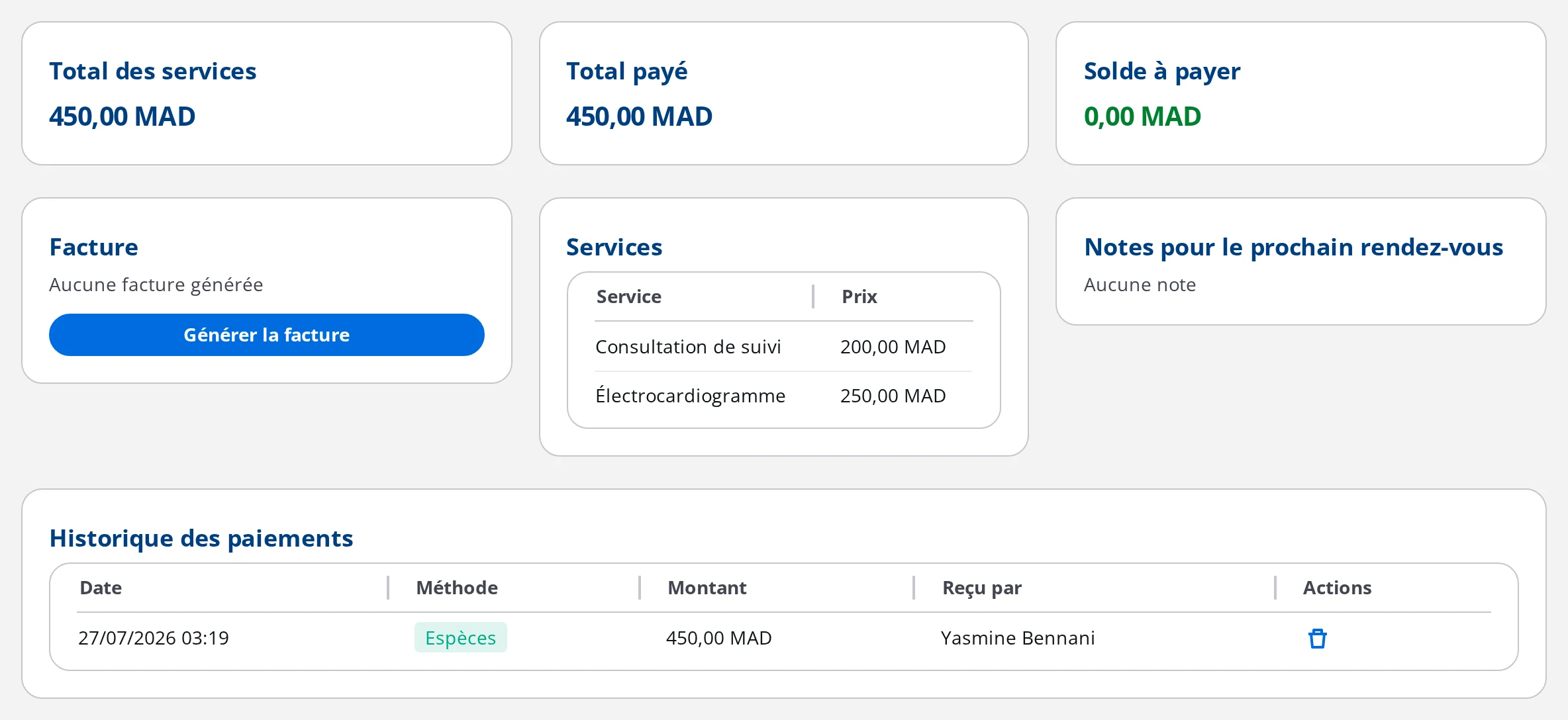 Visite soldée dans DrBook, avec l'historique des paiements et le bouton de génération de la facture