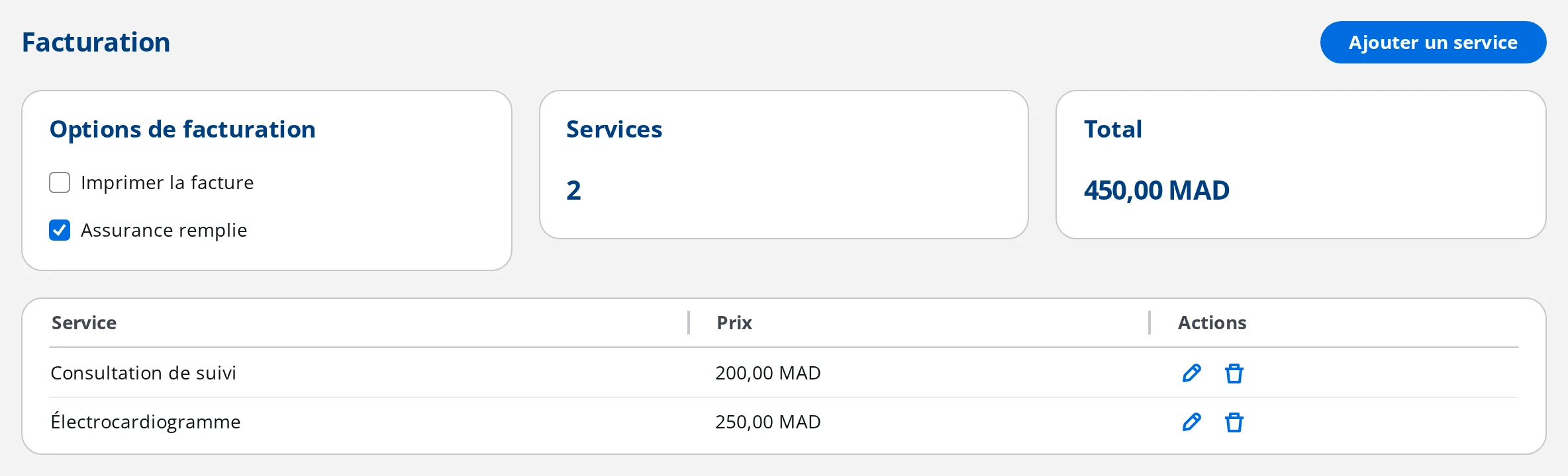 Onglet Facturation d'une visite dans DrBook, avec les options de facturation, le nombre de services et le total
