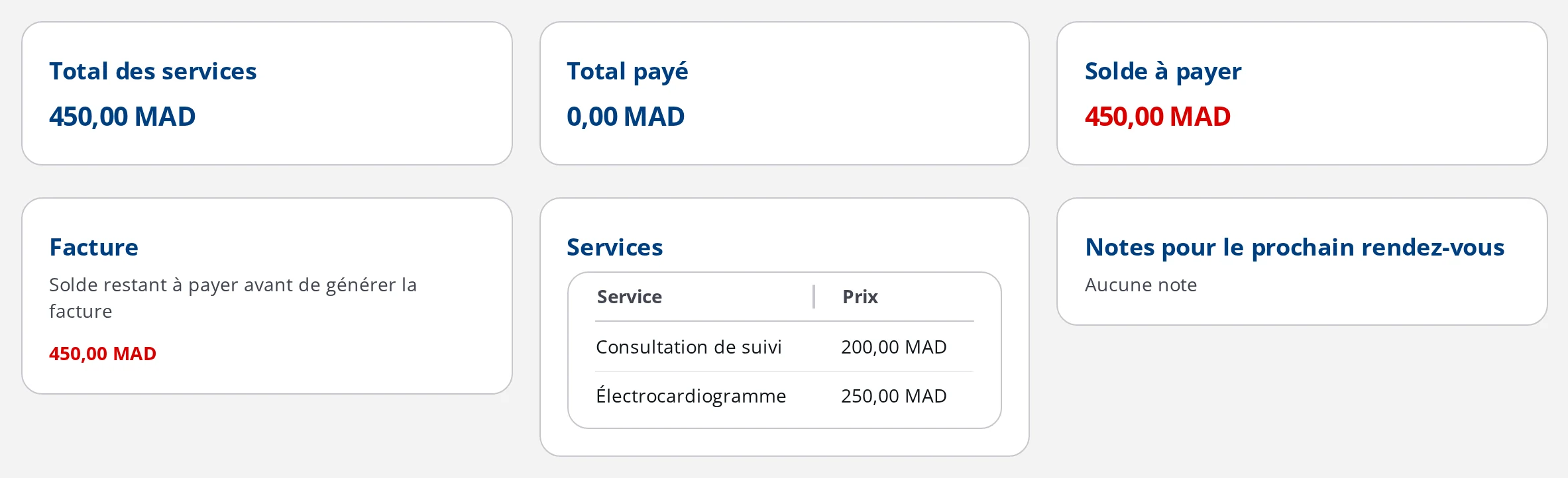 Écran de paiement d'une visite DrBook montrant le total des services, le total payé et le solde à payer