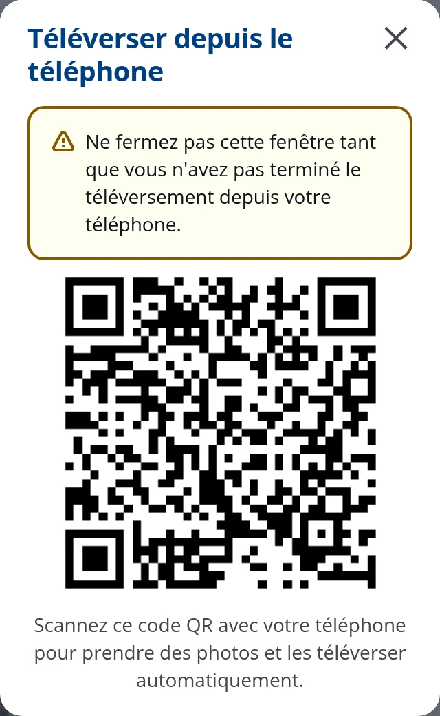 Fenêtre de code QR dans DrBook permettant au patient de déposer un document depuis son téléphone
