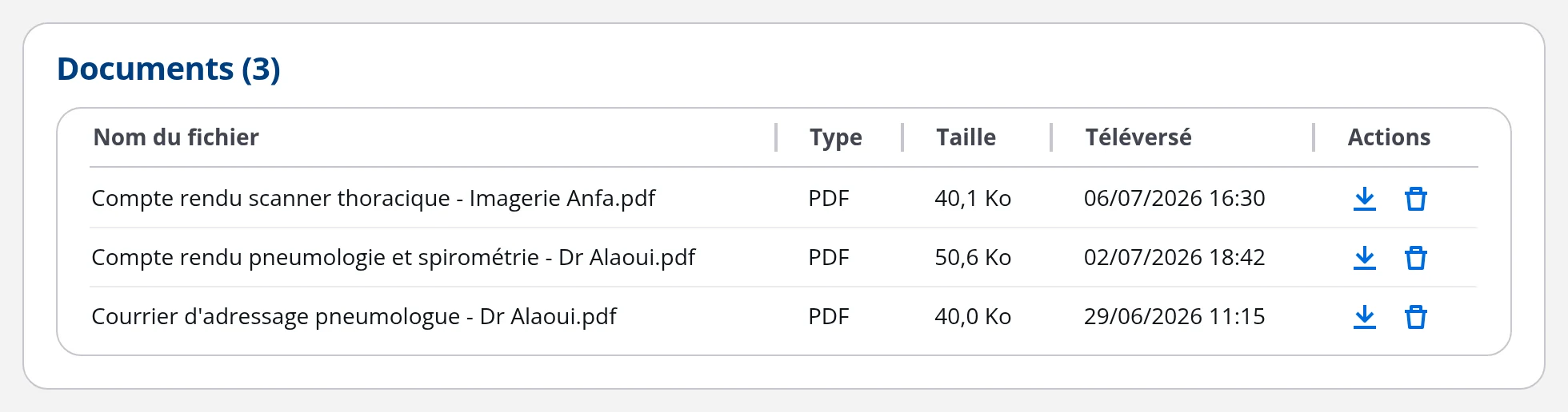 Tableau des documents PDF d'une visite dans DrBook, avec le type, la taille en kilo-octets et la date de dépôt