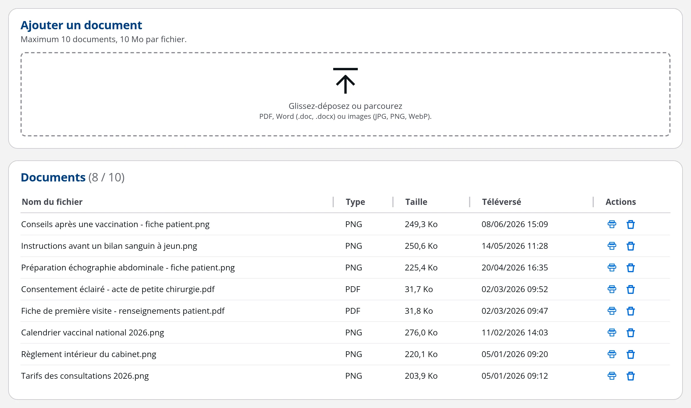 Écran des documents du cabinet dans DrBook : règlement intérieur, tarifs, calendrier vaccinal et fiches patients, avec impression et suppression