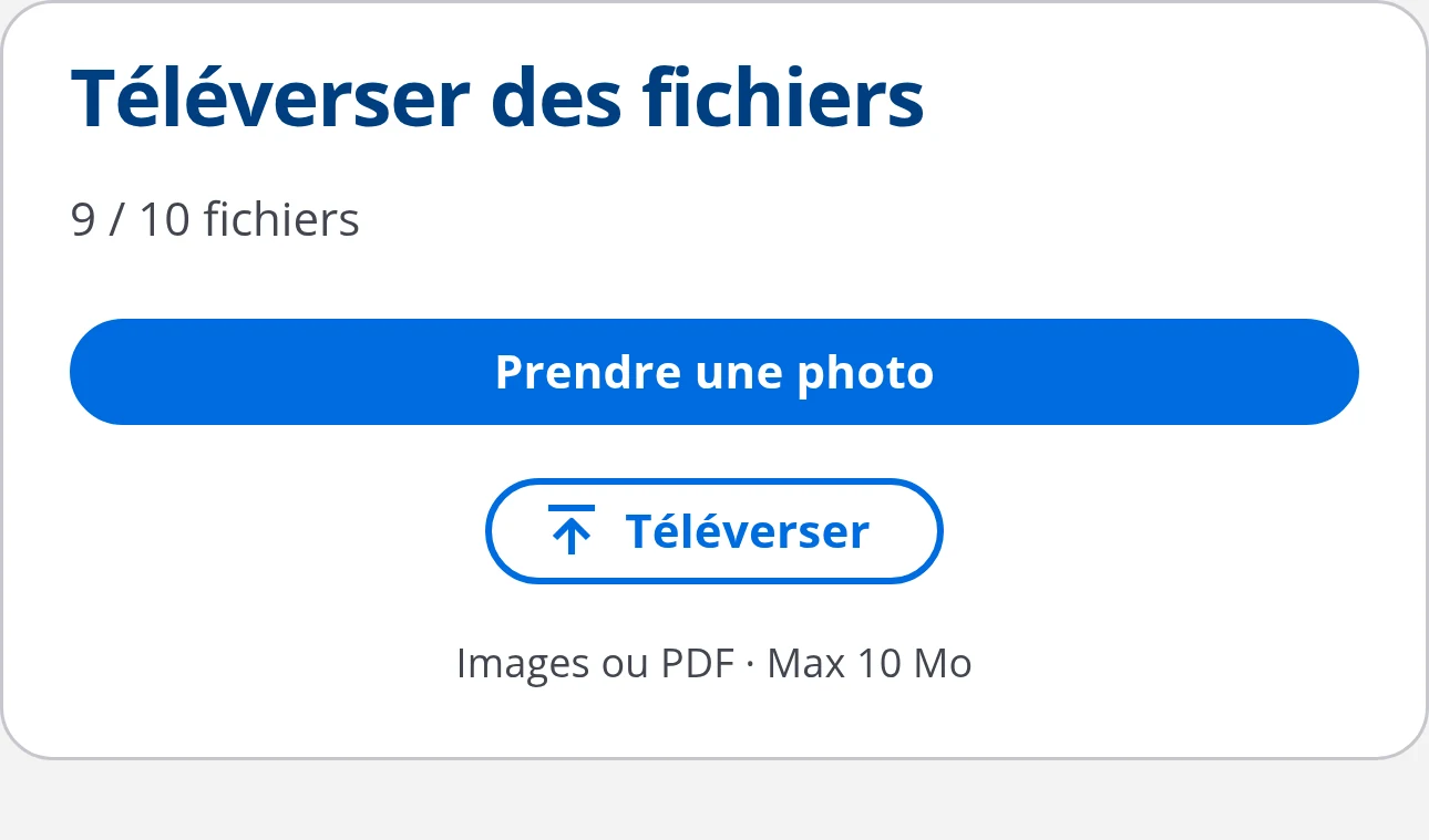 Page d'envoi de fichiers ouverte sur le téléphone du patient dans DrBook, avec le compteur de fichiers et les types acceptés