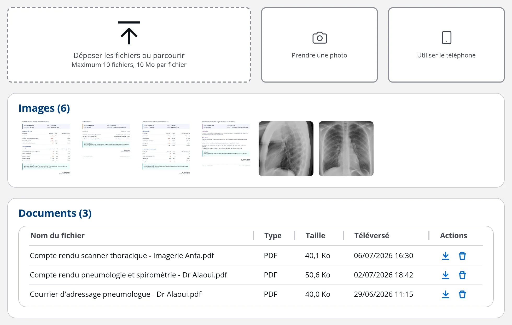 Onglet Fichiers d'une visite dans DrBook : zone de dépôt, capture photo, envoi depuis le téléphone, images en vignettes et documents PDF en tableau