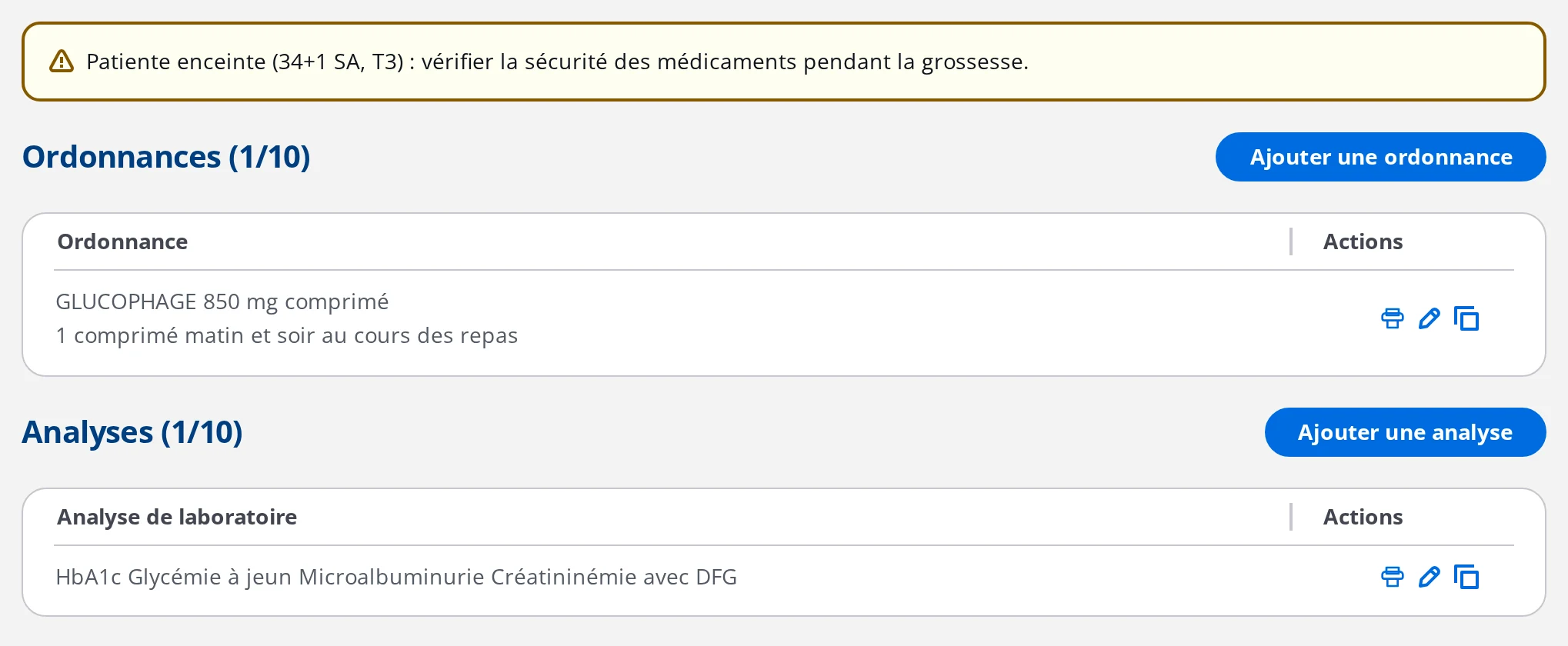 Alerte de grossesse affichée au-dessus des ordonnances d'une consultation dans DrBook