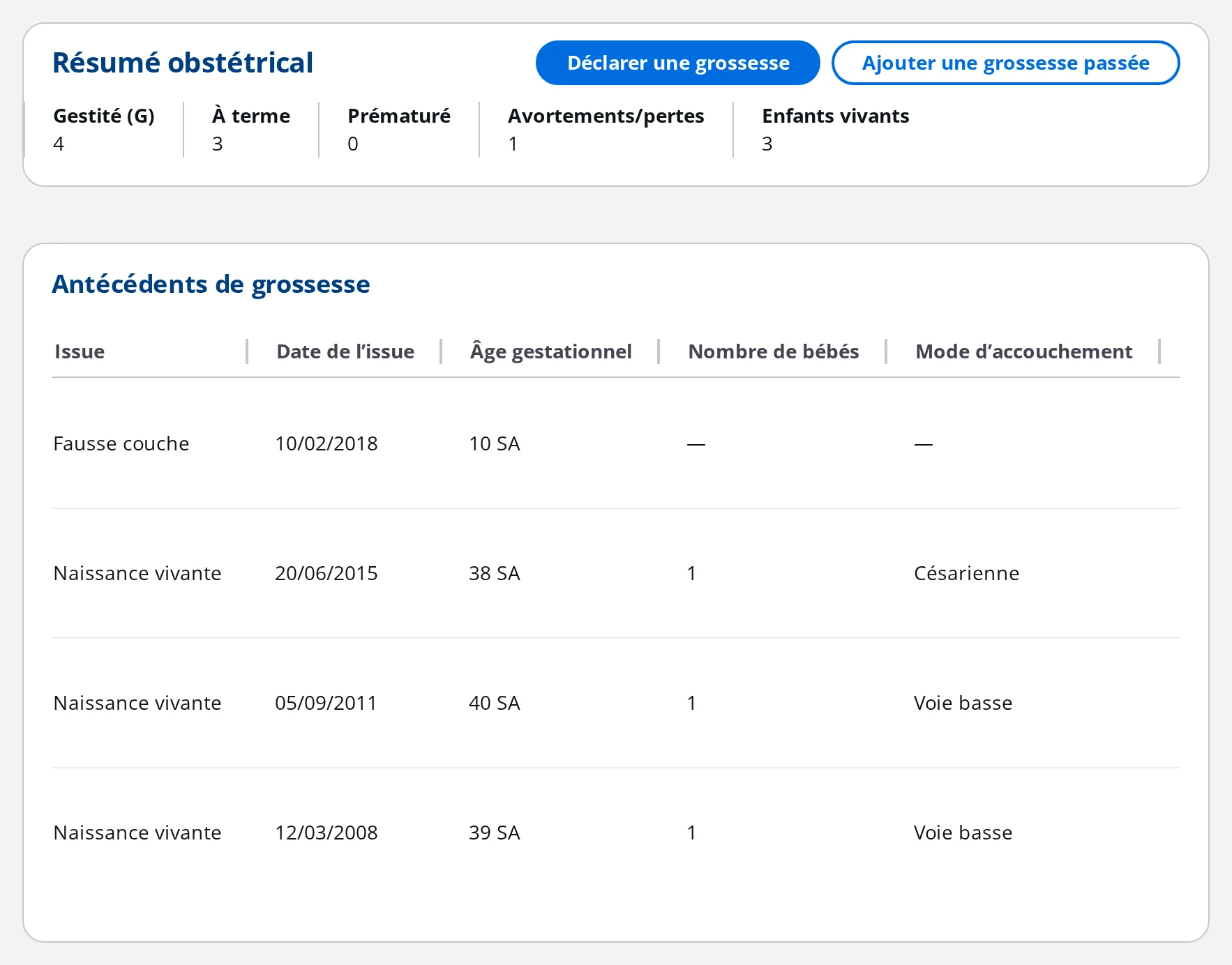Résumé obstétrical et antécédents de grossesse d'une patiente dans DrBook