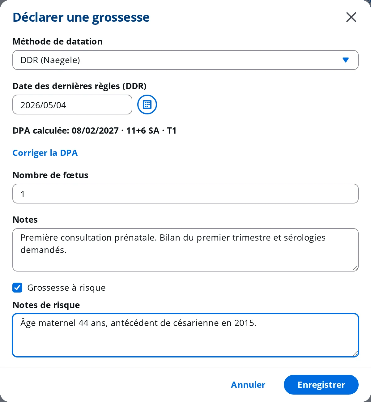 Fenêtre de déclaration d'une grossesse dans DrBook, avec la méthode de datation, la DPA calculée et la note de risque