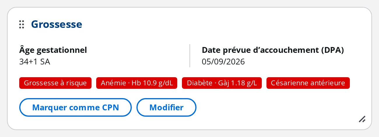 Carte Grossesse dans une consultation DrBook, avec l'âge gestationnel, la DPA, les badges de risque et le bouton Marquer comme CPN