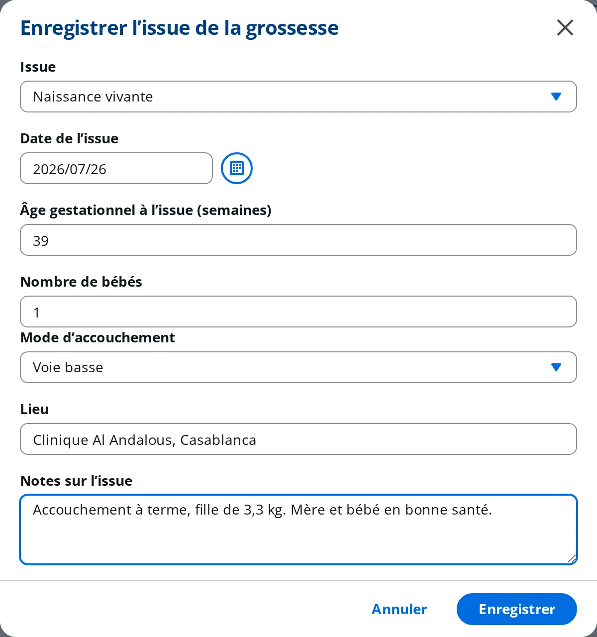Fenêtre d'enregistrement de l'issue d'une grossesse dans DrBook