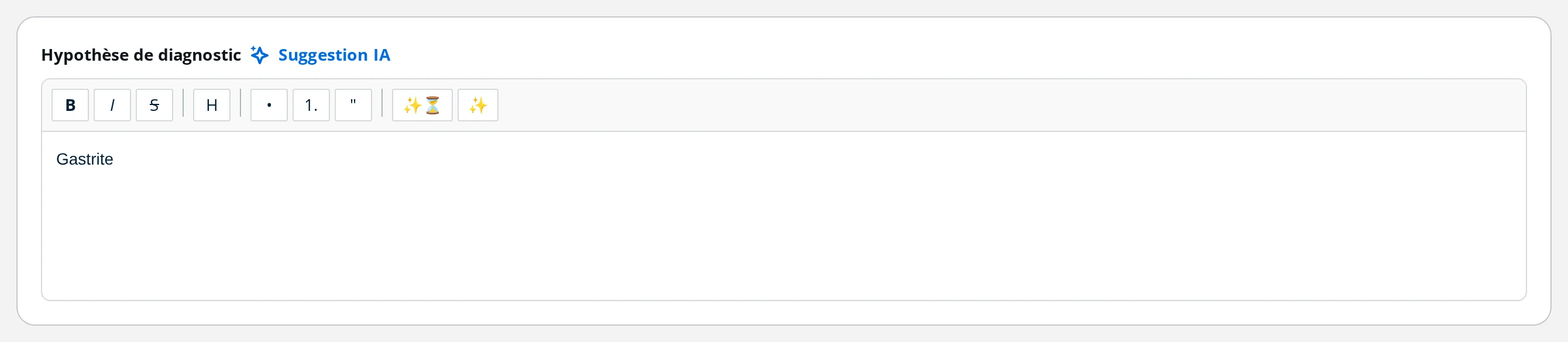 Champ Hypothèse de diagnostic d'une visite DrBook avec le bouton Suggestion IA dans son en-tête