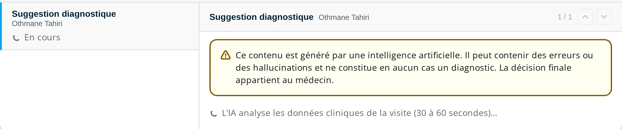 Console IA de DrBook affichant une suggestion diagnostique en cours de génération