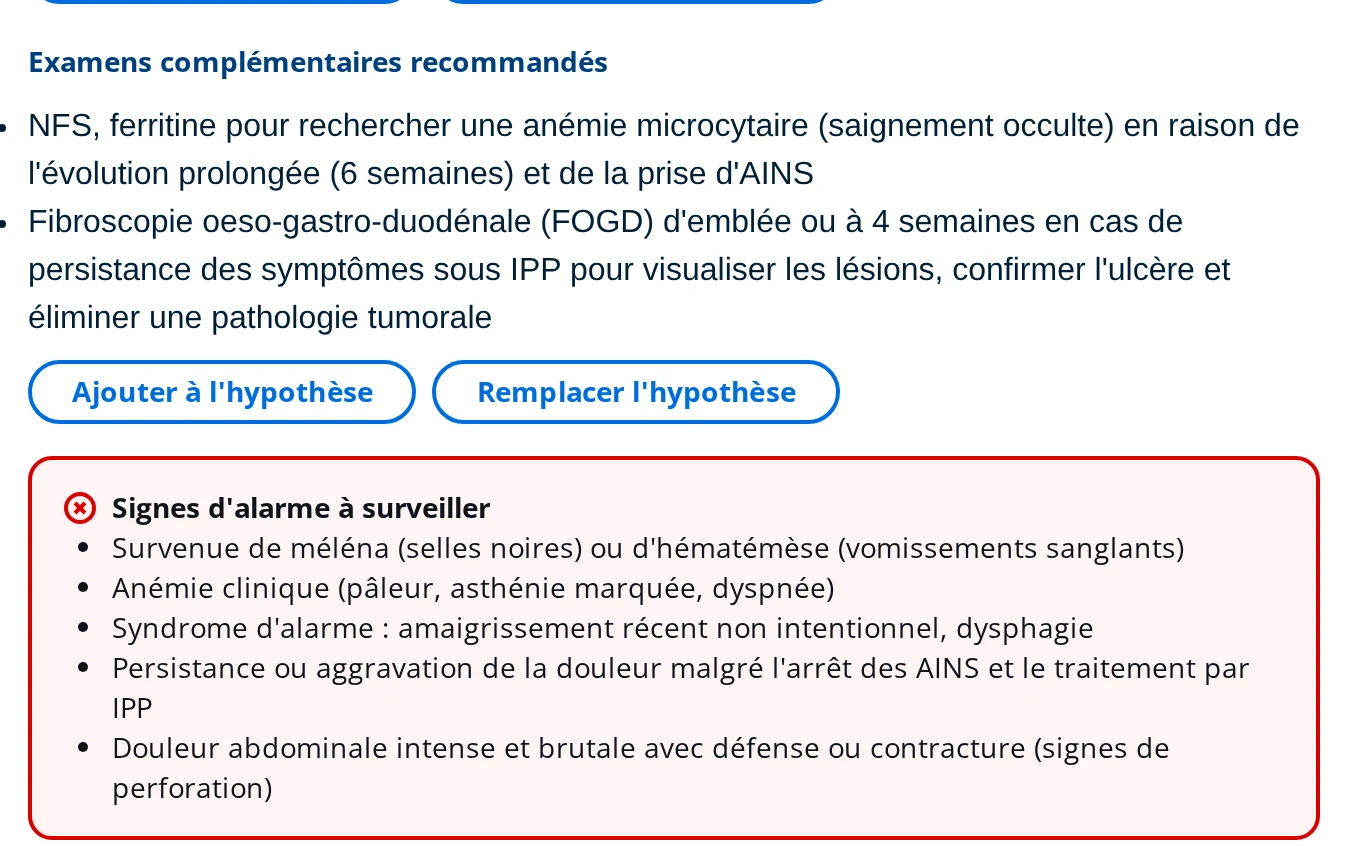 Examens complémentaires recommandés et signes d'alarme rendus par l'IA dans DrBook