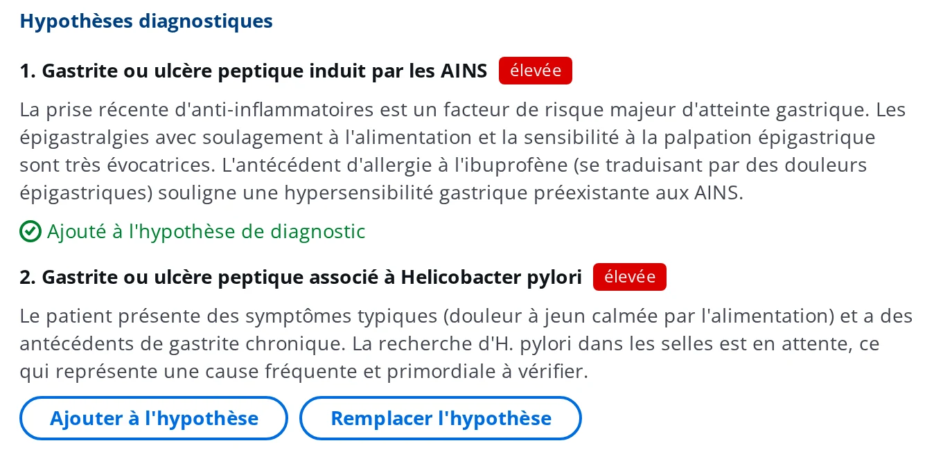 Une hypothèse reprise au dossier affiche Ajouté à l'hypothèse de diagnostic dans la console IA de DrBook