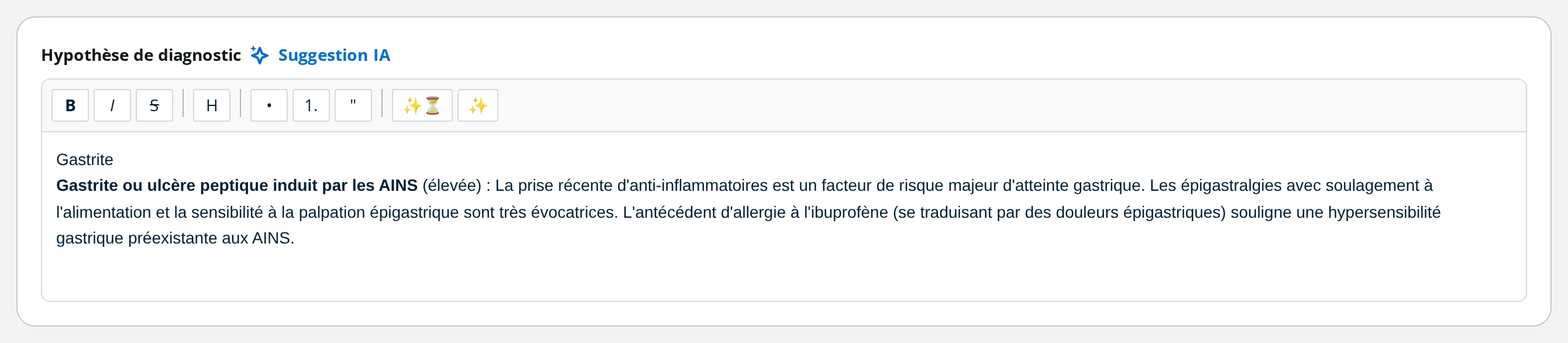 Champ Hypothèse de diagnostic de la visite DrBook après reprise du texte suggéré par l'IA