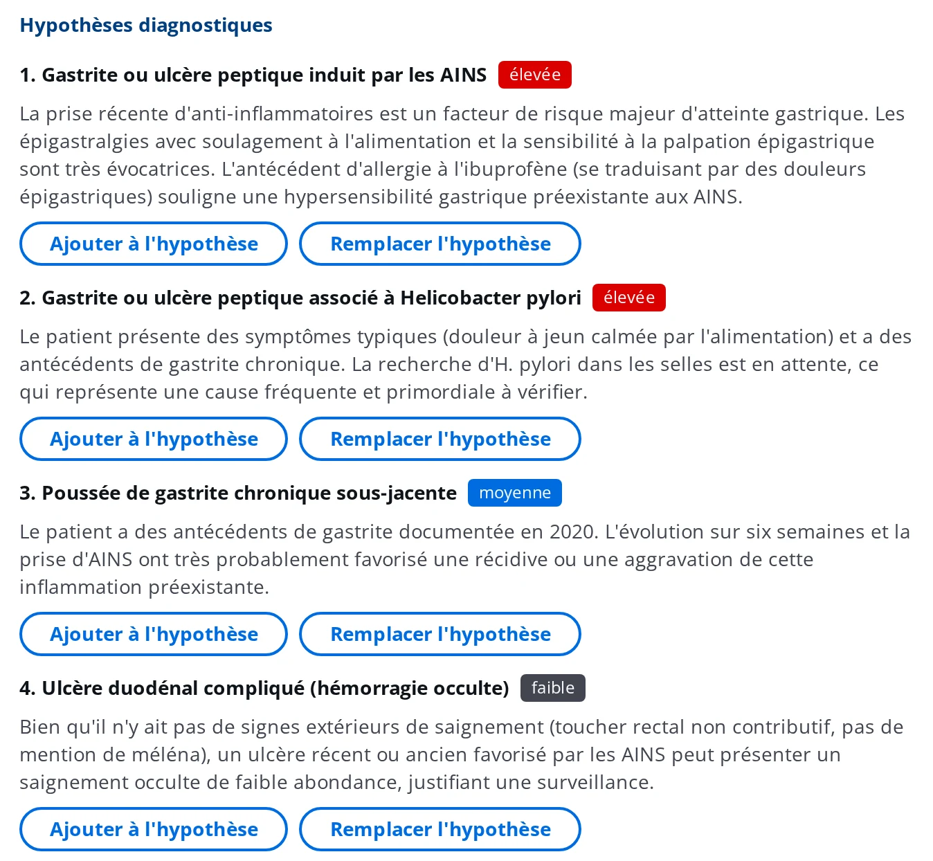 Hypothèses diagnostiques classées par vraisemblance dans la console IA de DrBook