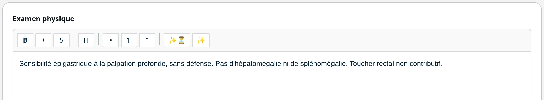 Champ Examen physique de DrBook après application du texte corrigé par l'IA