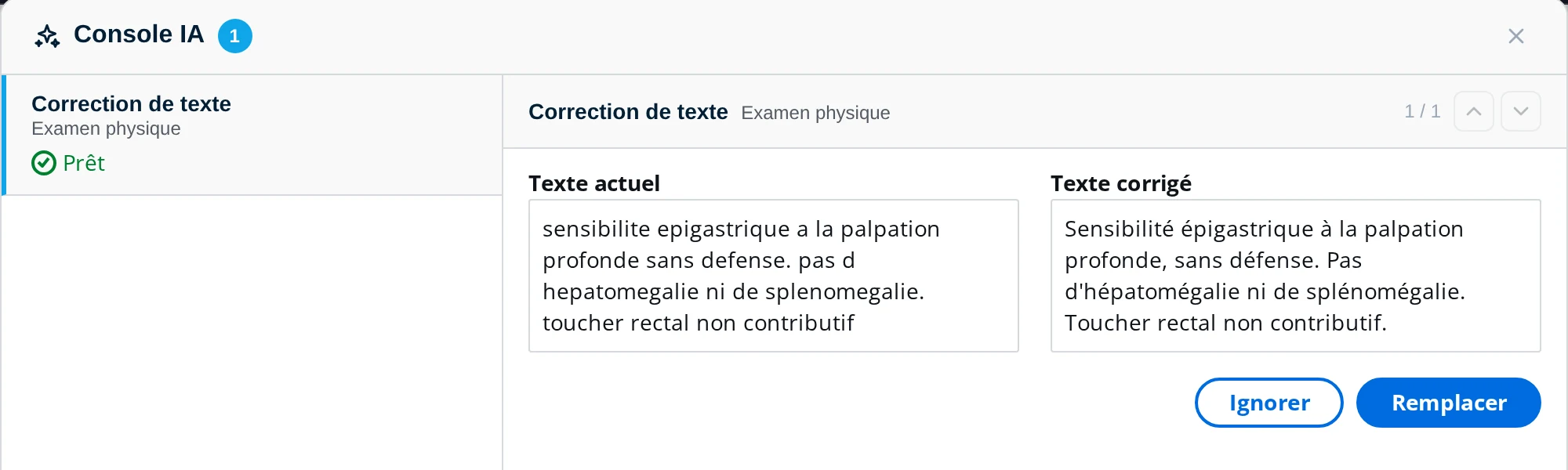 Console IA de DrBook affichant une correction de texte prête, nommée d'après le champ Examen physique