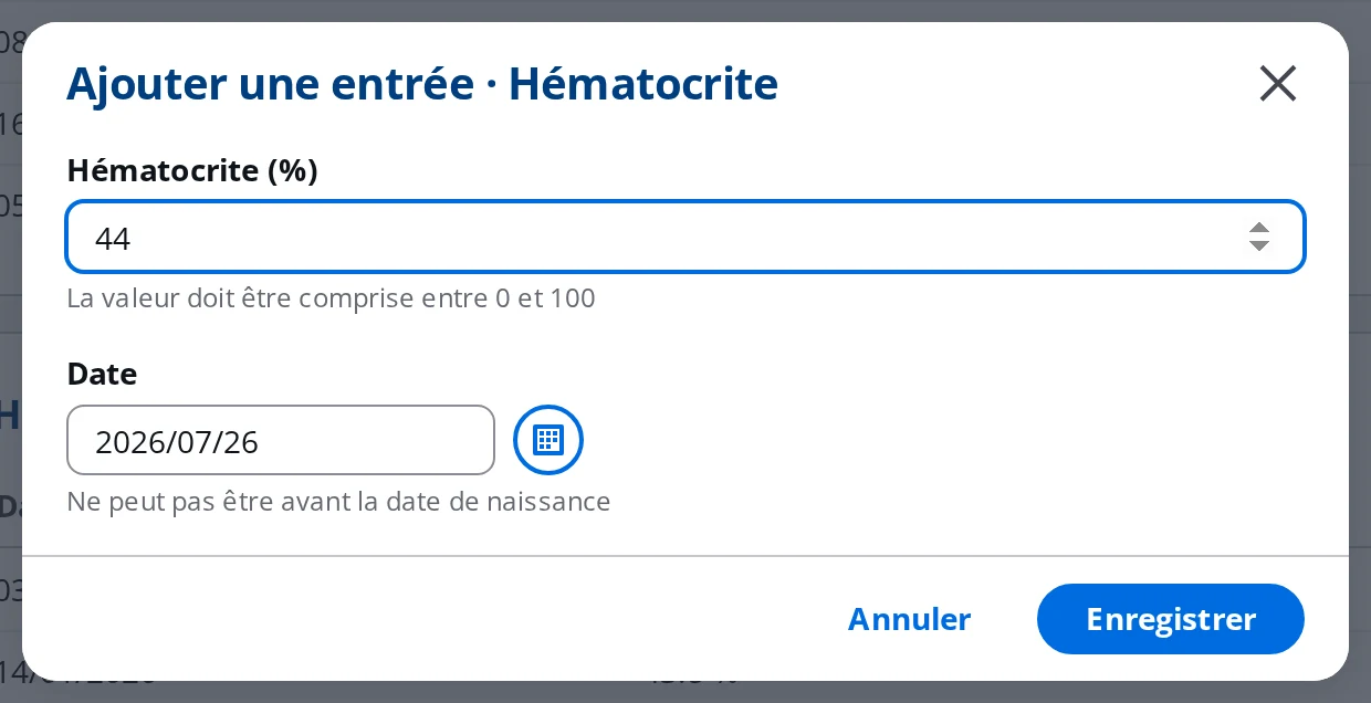 Fenêtre d'ajout d'une mesure dans DrBook, avec le champ valeur, ses bornes autorisées et le sélecteur de date
