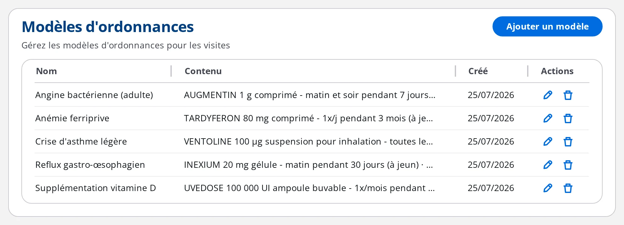 Paramètres DrBook : liste des modèles d'ordonnances du cabinet avec leur contenu